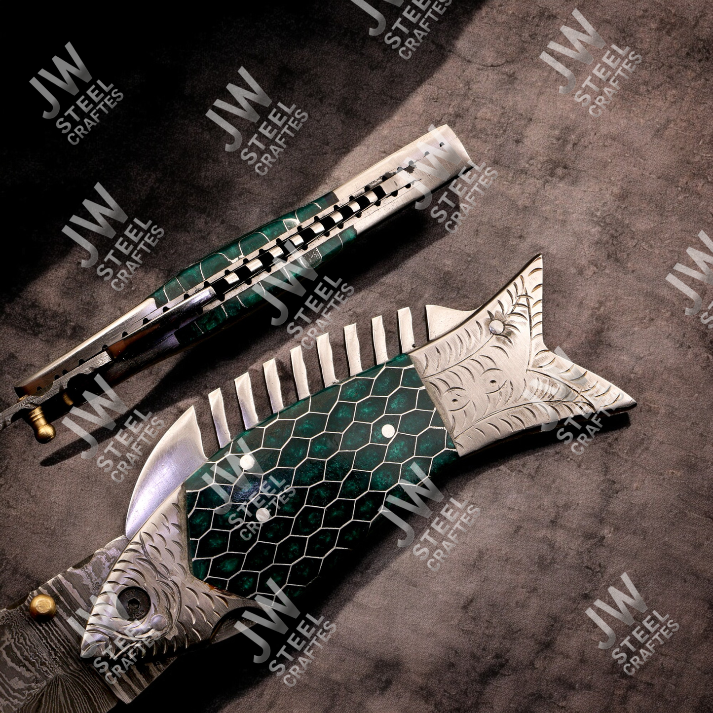 Hand-Forged Damascus Steel Folding Knife – Green Honeycomb Resin Fish Handle with Leather Sheath | Custom Collectible Gift