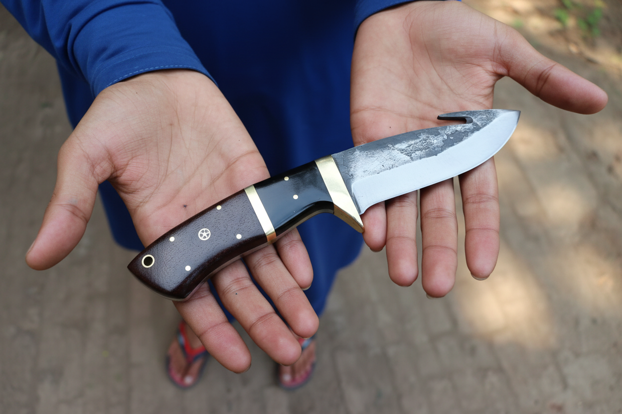 Gut hook knife with wood and brass handle.