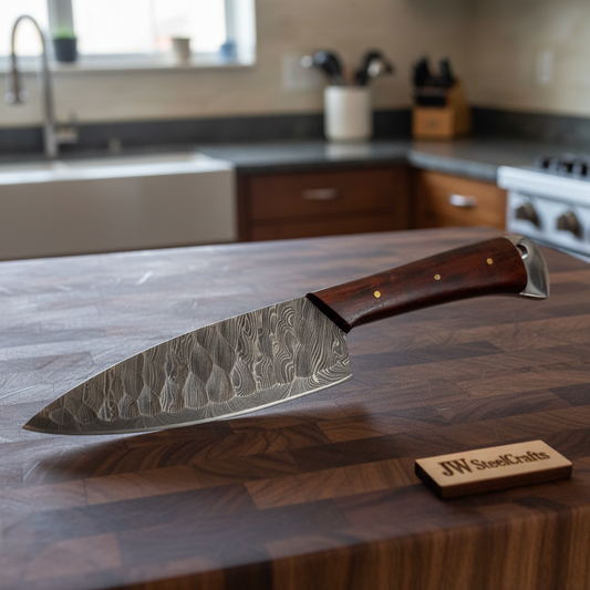 Damascus Steel Chef Knife – 8-Inch Blade with Rosewood Handle | Handmade Kitchen Essential”