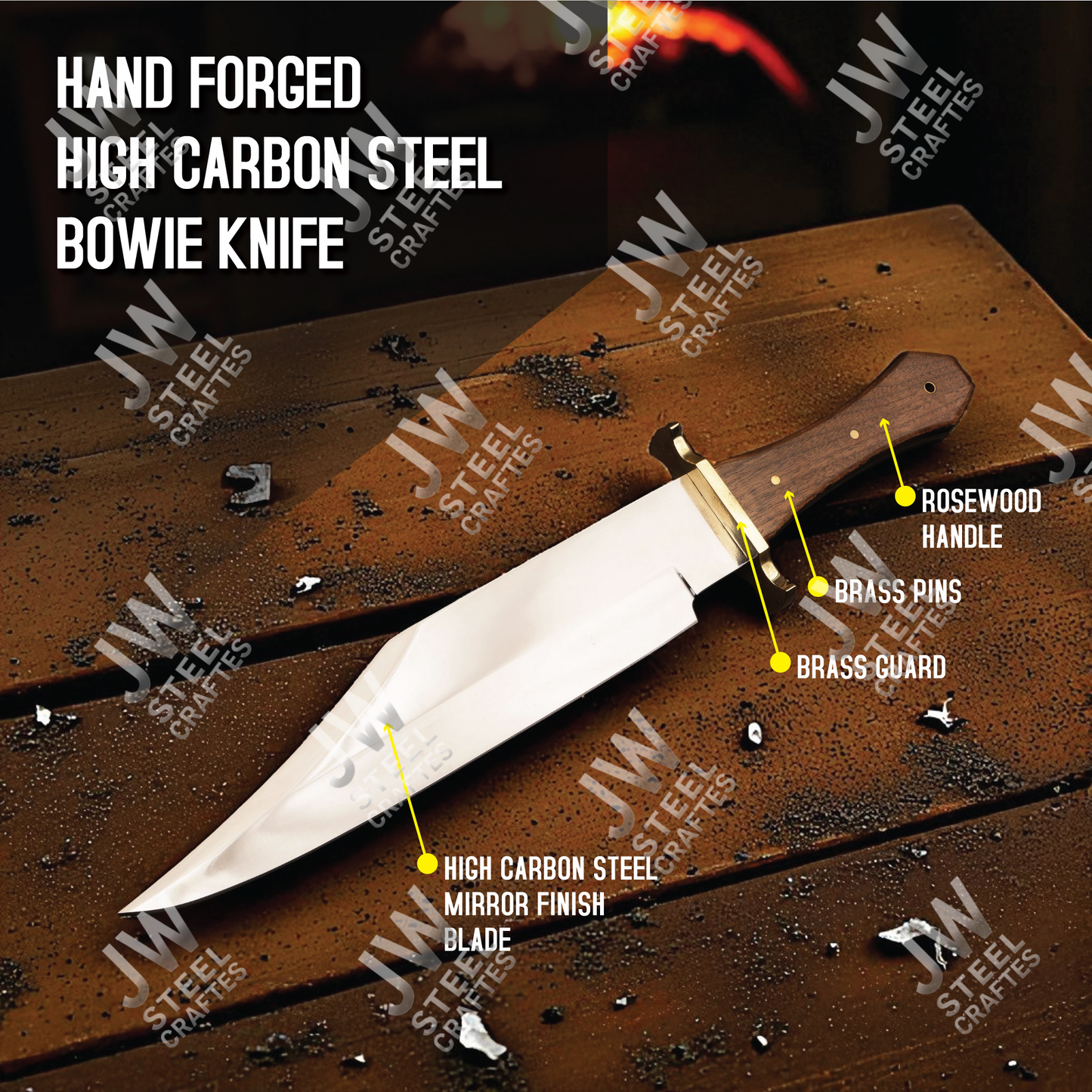 Hand Forged High Carbon Steel Bowie Knife with Leather Handle, Brass Guard & Sheath – Hunting, Camping, Collectors Knife