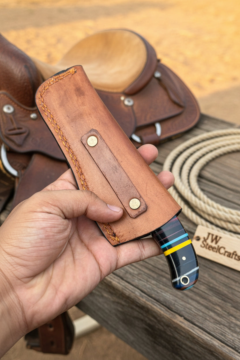 Damascus Bull Cutter Knife — Multi-Color Rainbow Resin Handle, Christian Cross Blade Engraving, Steel Bolster &amp; Lanyard Hole