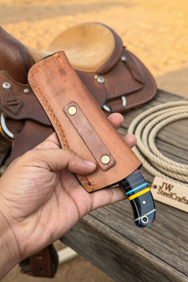 Damascus Bull Cutter Knife — Multi-Color Rainbow Resin Handle, Christian Cross Blade Engraving, Steel Bolster &amp; Lanyard Hole
