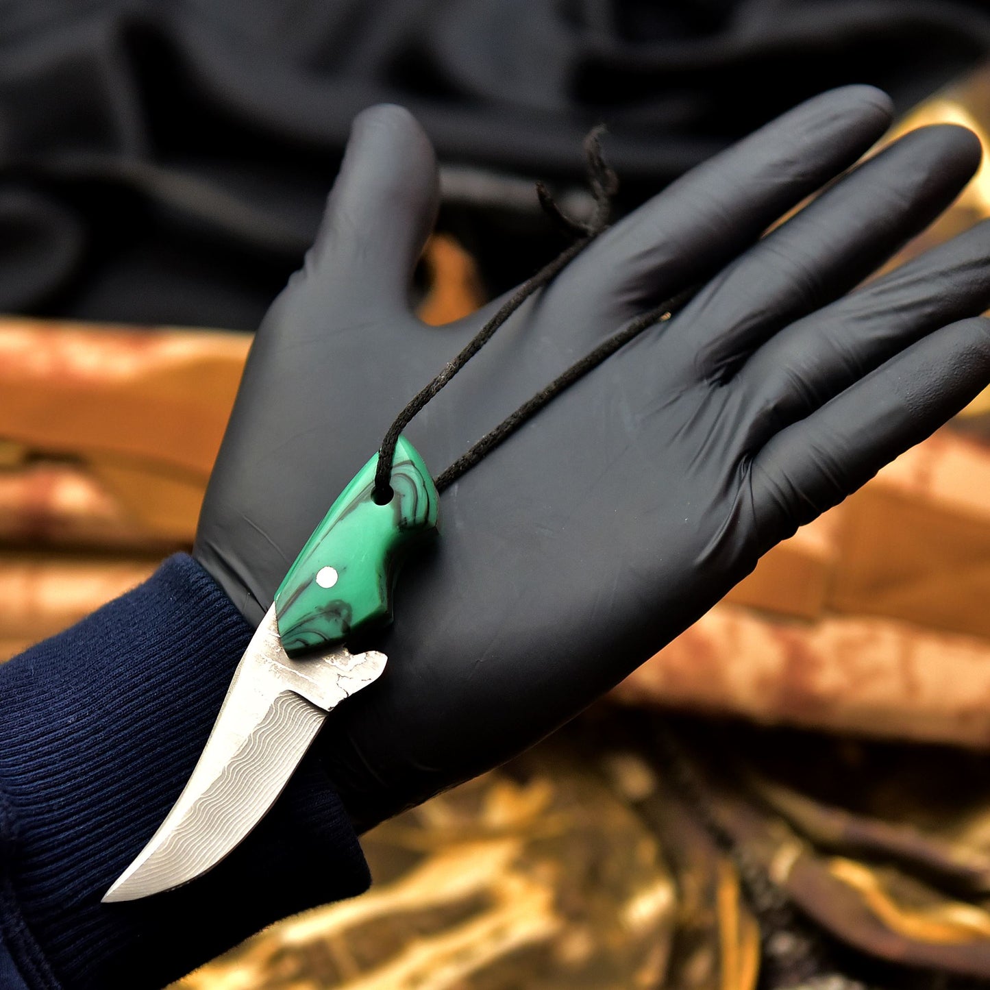 Neck Knife with Leather Sheath – Mini Damascus Pattern Blade | Green Resin Handle | JW SteelCrafts