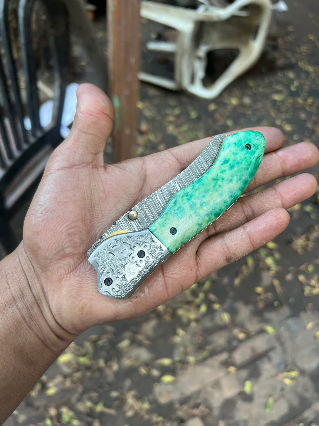 Jadeline Damascus Folder 7" Handmade Turquoise-Green Resin Handle
