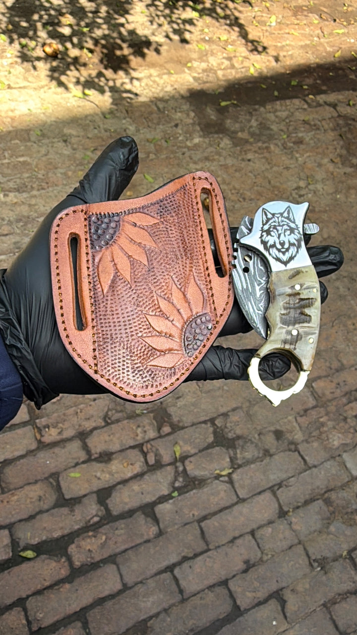 Wolf Claw Damascus Folding Karambit with Engraved Wolf Bolster&amp;nbsp;
