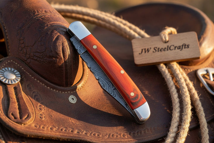 Redsaddle Folding Knife 7" Handmade Damascus Steel Pocket Knife