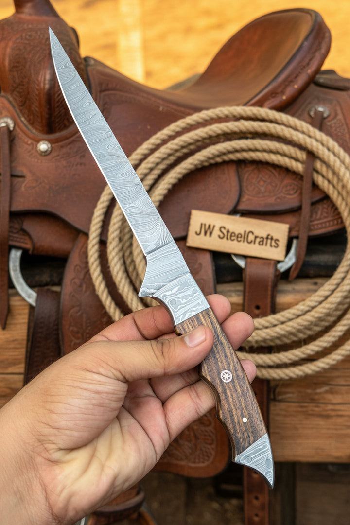 Handmade 13 Inch Overall Damascus Steel Fillet Knife –  Full Tang Fishing Knife with Hardwood Handle and Leather Sheath.