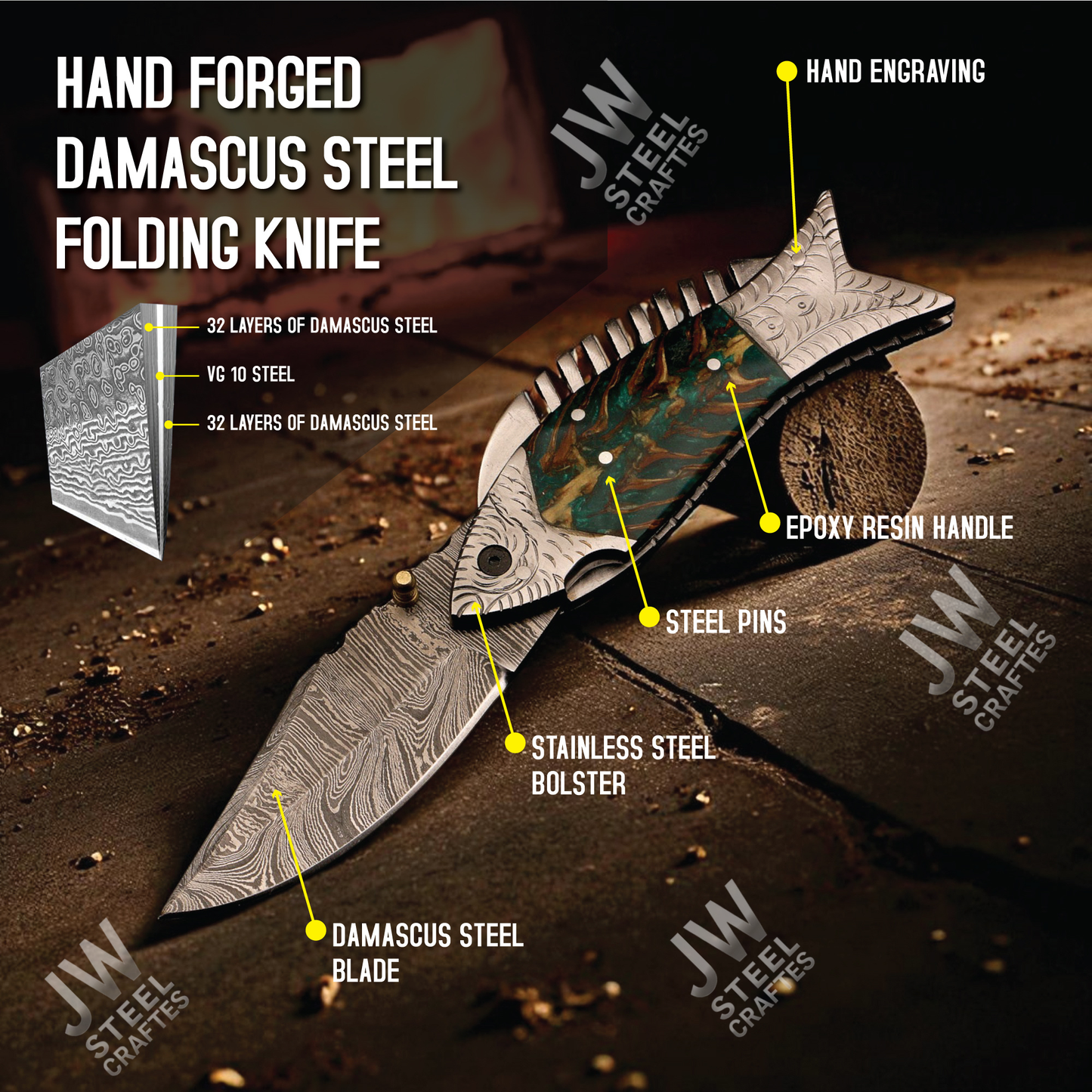 Handmade Fish Folding Knife – Damascus Steel Blade with Unique Handle