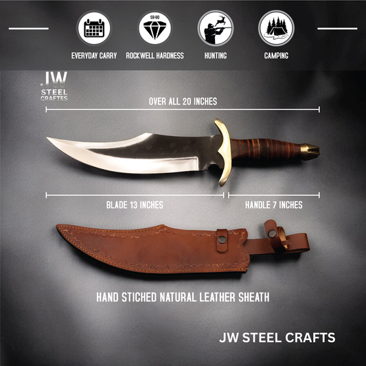 Knife with leather sheath on a gray background, featuring JW Steel Crafts branding.