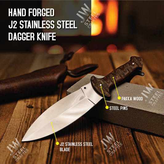 Hand Forged J2 Stainless Steel Dagger Knife with Pakka Wood Handle & Leather Sheath | 13.5" Hunting, Camping & Collectible Blade