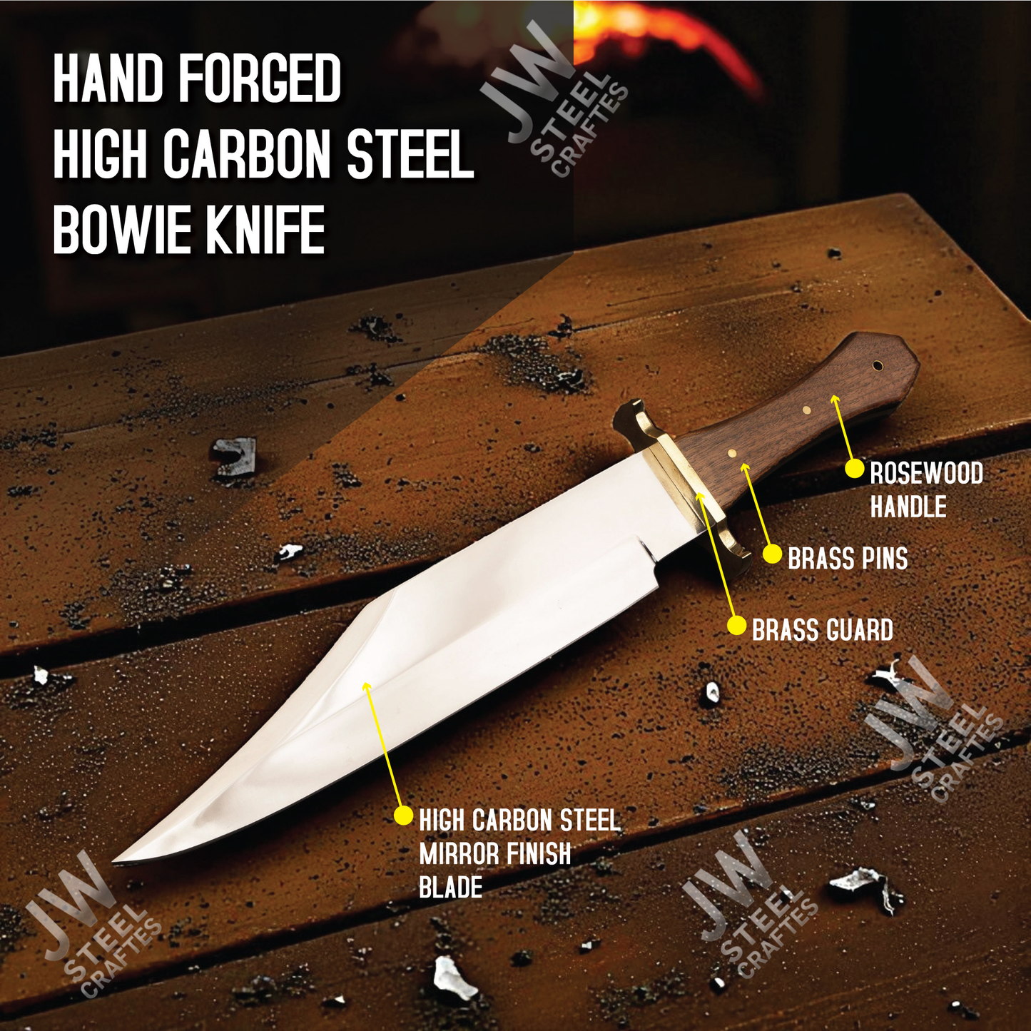 Hand Forged High Carbon Steel Bowie Knife with Rosewood Handle & Leather Sheath – 20" Hunting, Camping, Survival Knife