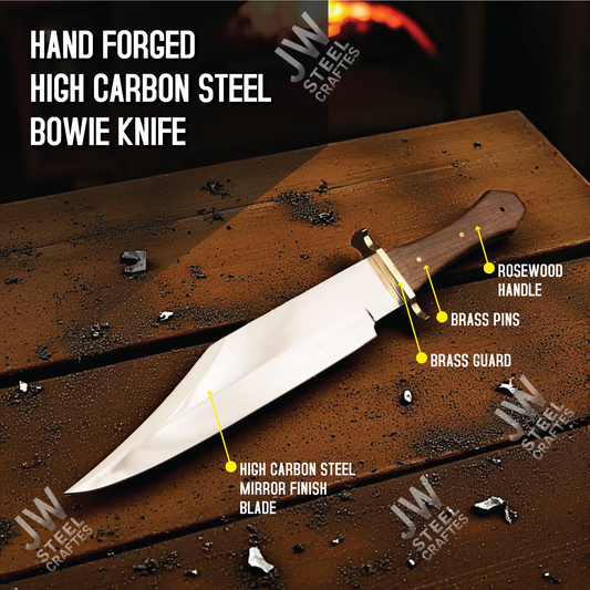 Hand Forged High Carbon Steel Bowie Knife with Rosewood Handle & Leather Sheath – 20" Hunting, Camping, Survival Knife