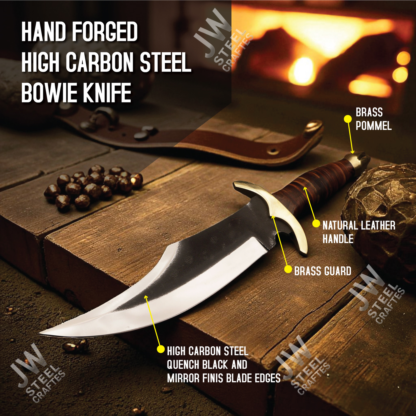 Hand Forged High Carbon Steel Bowie Knife with Leather Handle, Brass Guard & Sheath – Hunting, Camping, Collectors Knife