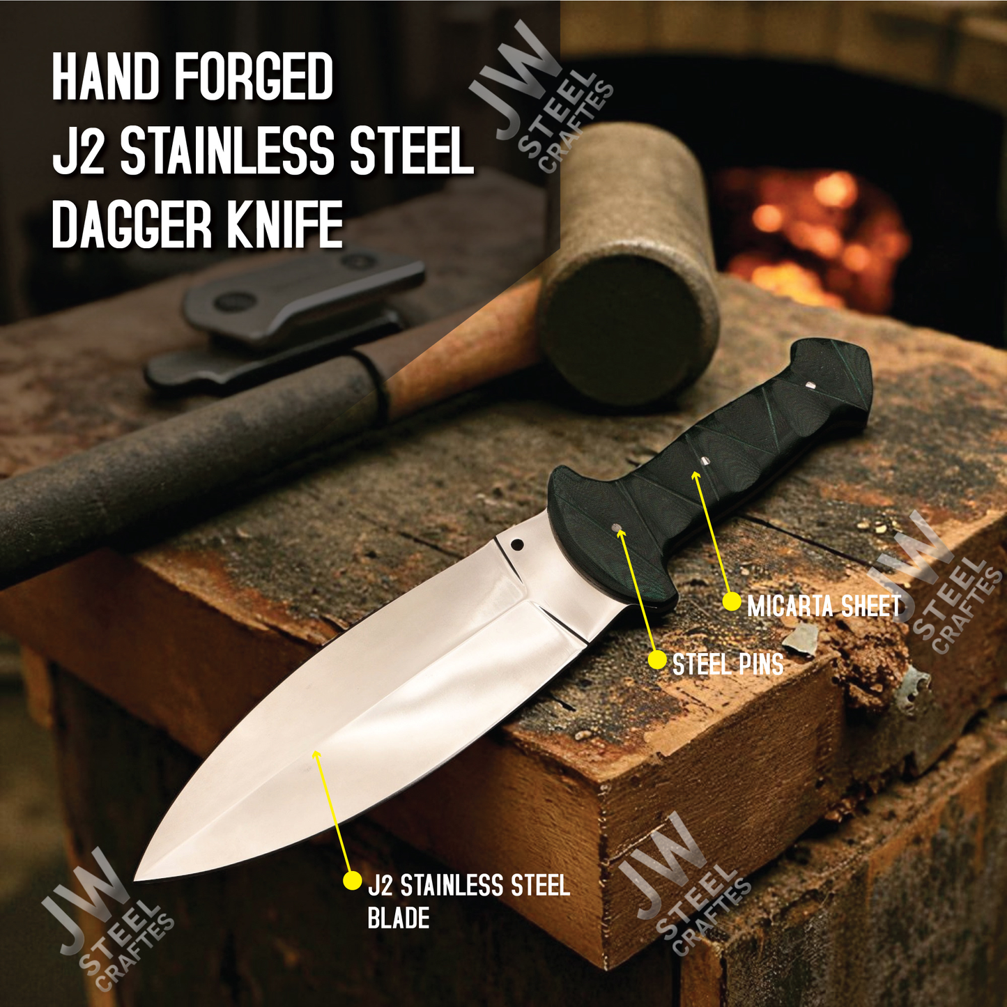 Hand Forged J2 Stainless Steel Dagger Knife with Micarta Handle | 13.5" Hunting Knife with Leather Sheath for Camping & EDC