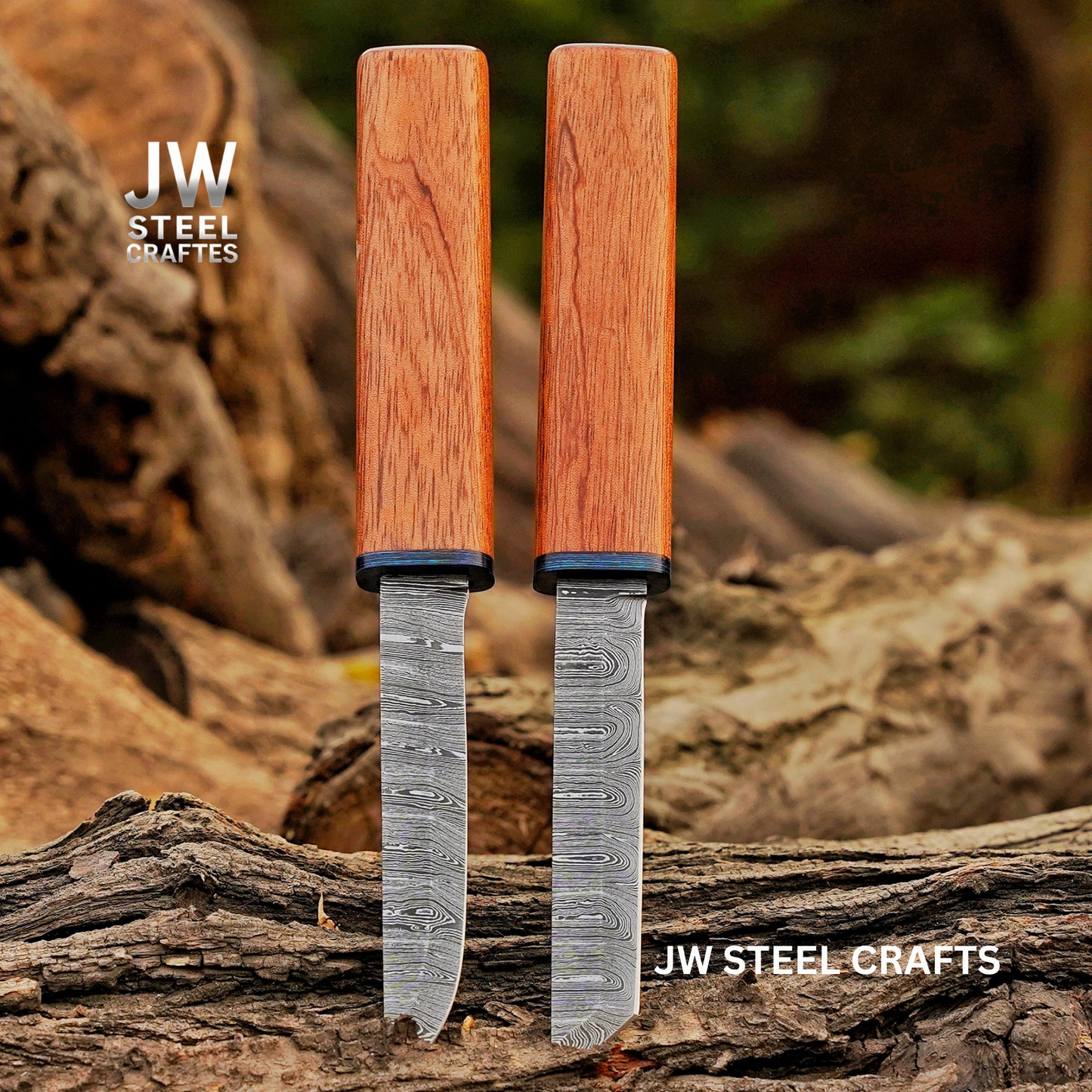 Two knives with wooden handles on a natural background, branded 'JW Steel Crafts'.