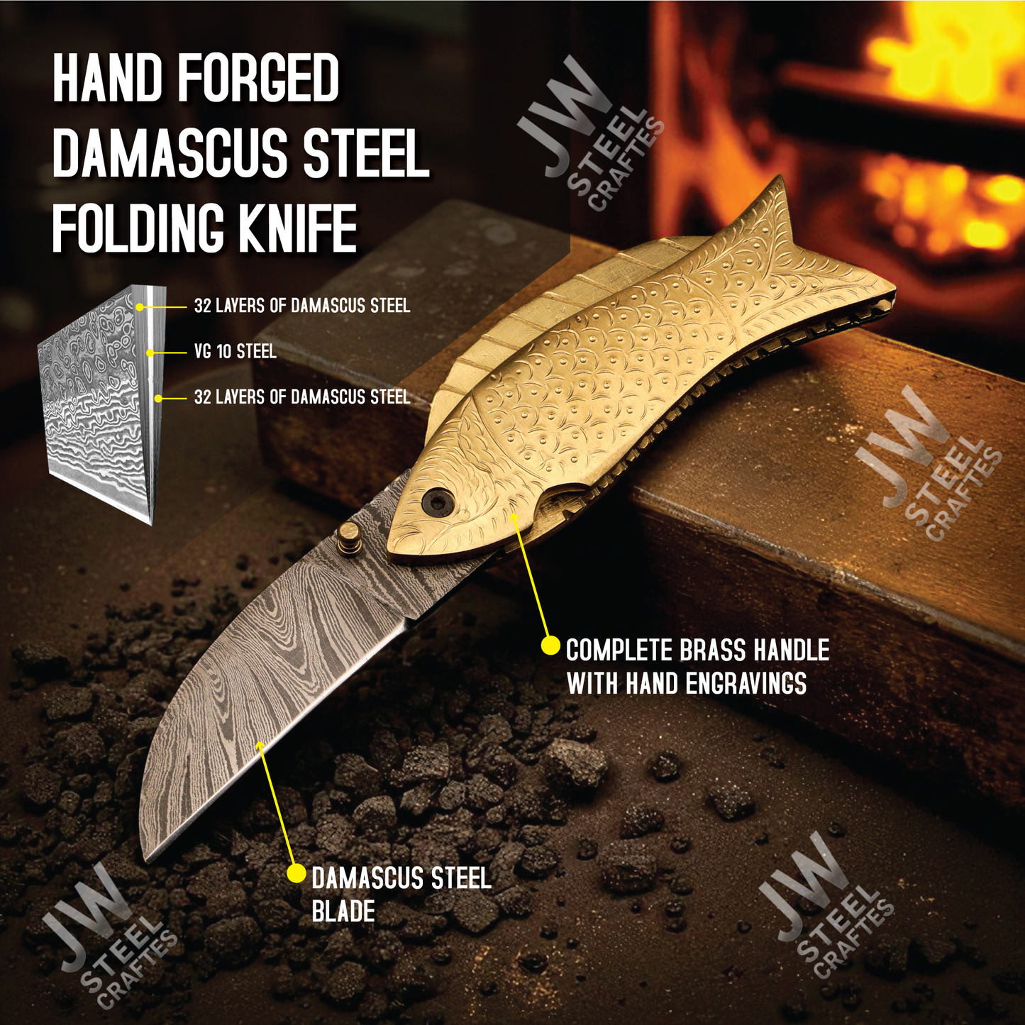 Handmade Fish Folding Knife – Damascus Steel Blade with Unique Handle