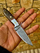 Load image into Gallery viewer, Handmade Damascus Steel EDC Knife with Horn Handle &amp; Leather Sheath – Compact Utility Blade