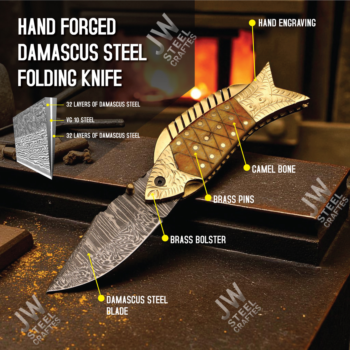 Handmade Fish Folding Knife – Damascus Steel Blade with Unique Handle