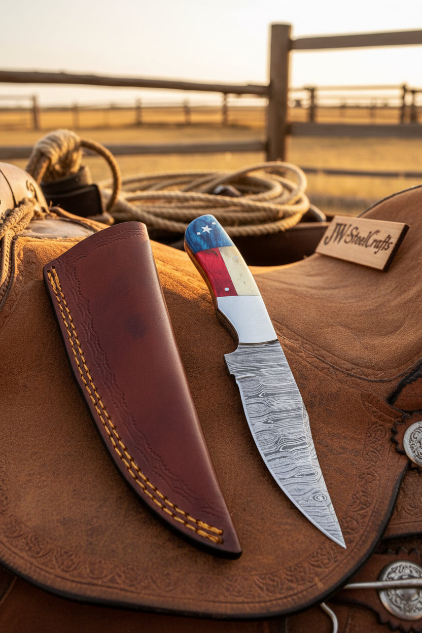 Damascus Camping Knife Fixed Blade USA Flag Resin Handle Outdoor Utility Knife with Sheath