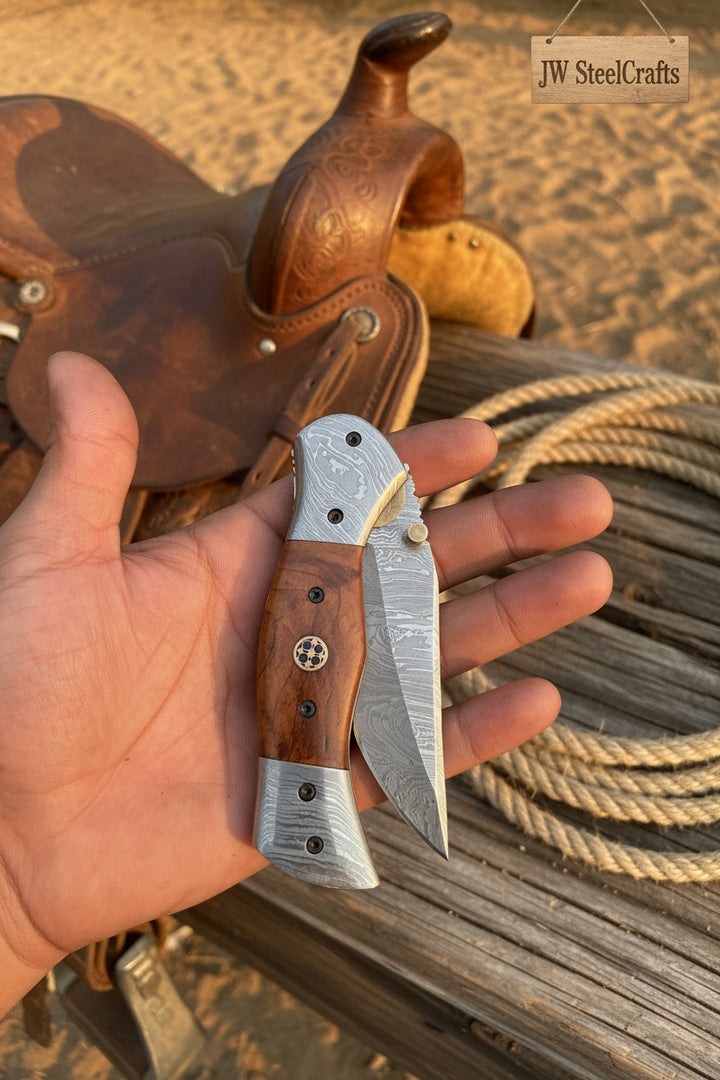 Dusty Trail Pocket Knife 7" Handmade Damascus Steel Folding Knife | JW Steelcrafts