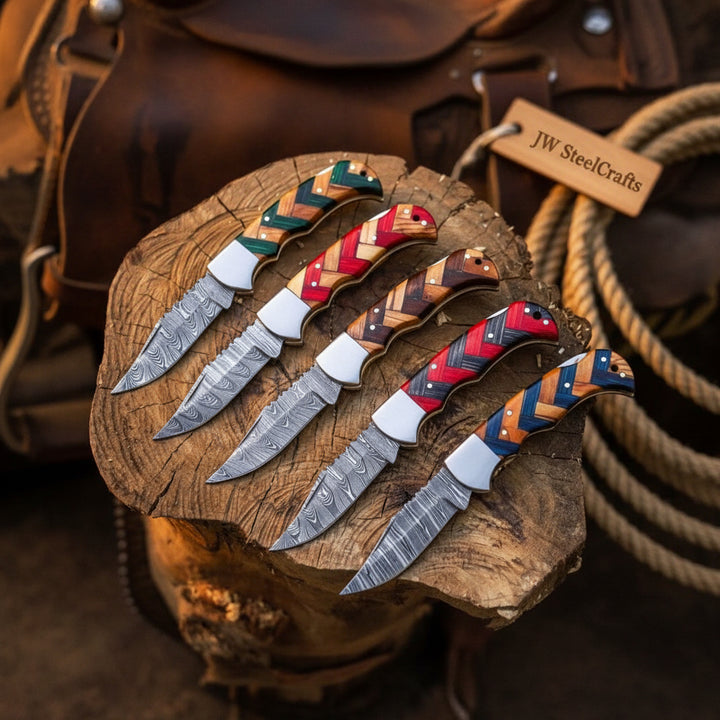 Wovencord Pocket Knife Set 8.5" Handmade Set of 5 Damascus Steel Blades