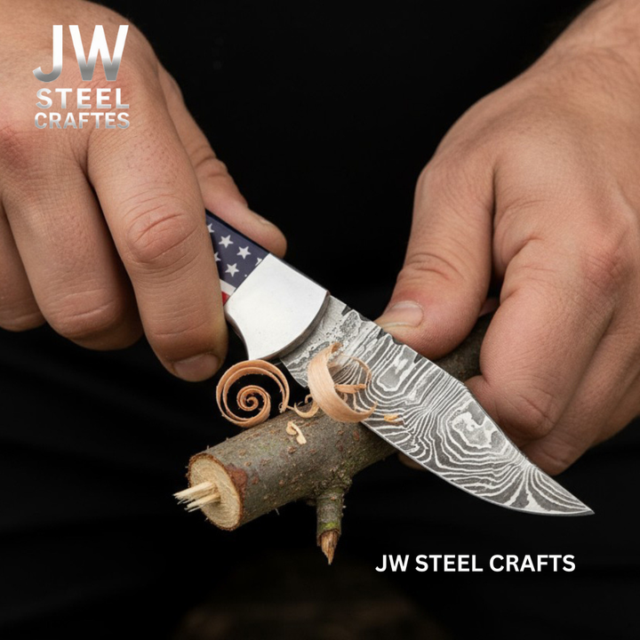 American Flag Damascus Folding Hunter with Ram Horn Handle