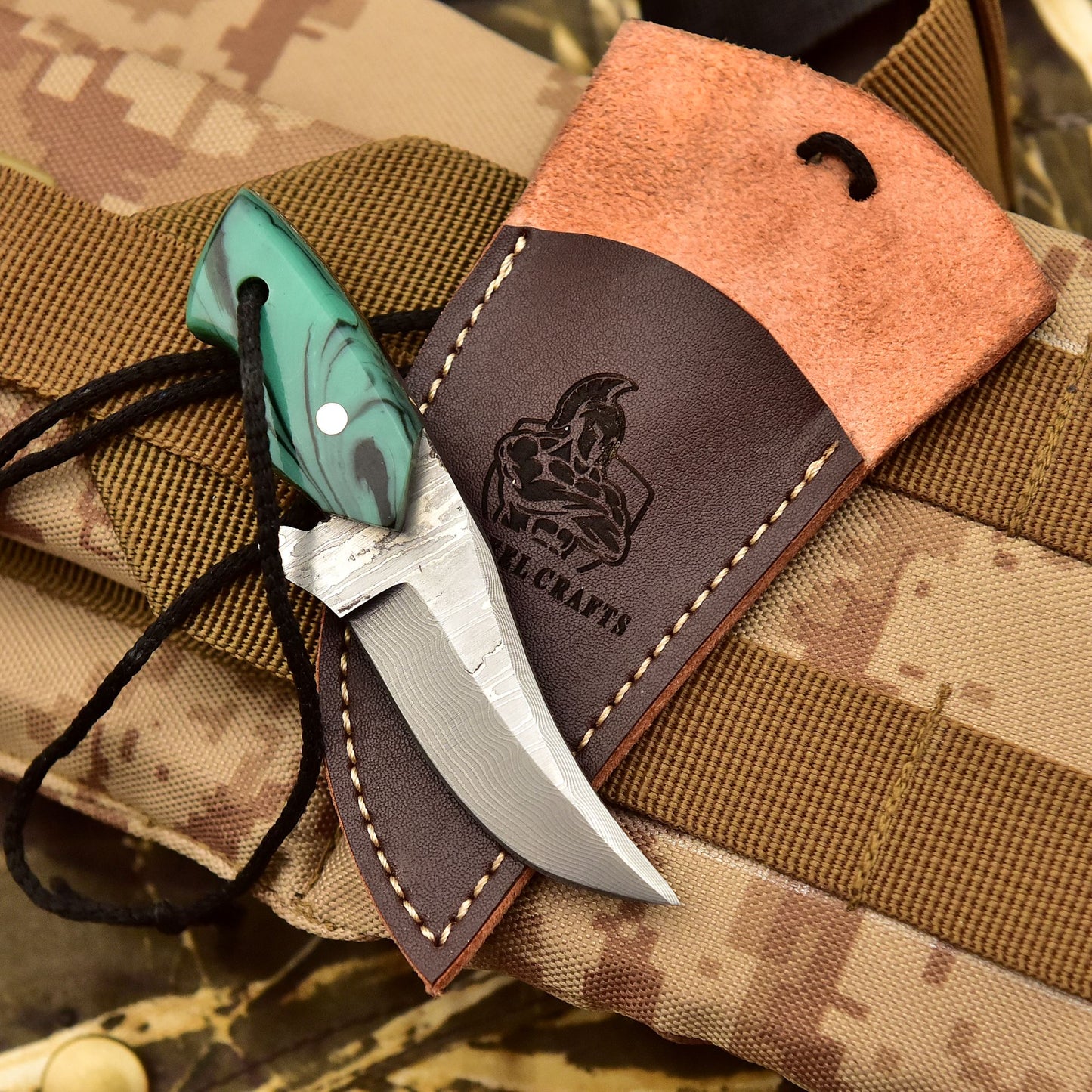 Neck Knife with Leather Sheath – Mini Damascus Pattern Blade | Green Resin Handle | JW SteelCrafts