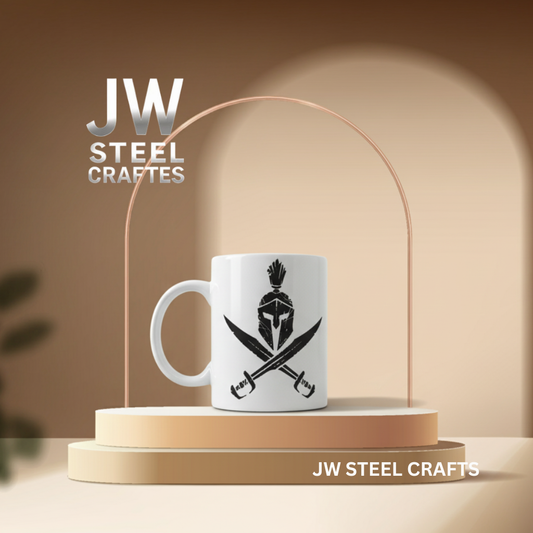 White mug with black design on a wooden platform, featuring 'JW Steel Crafts' branding.