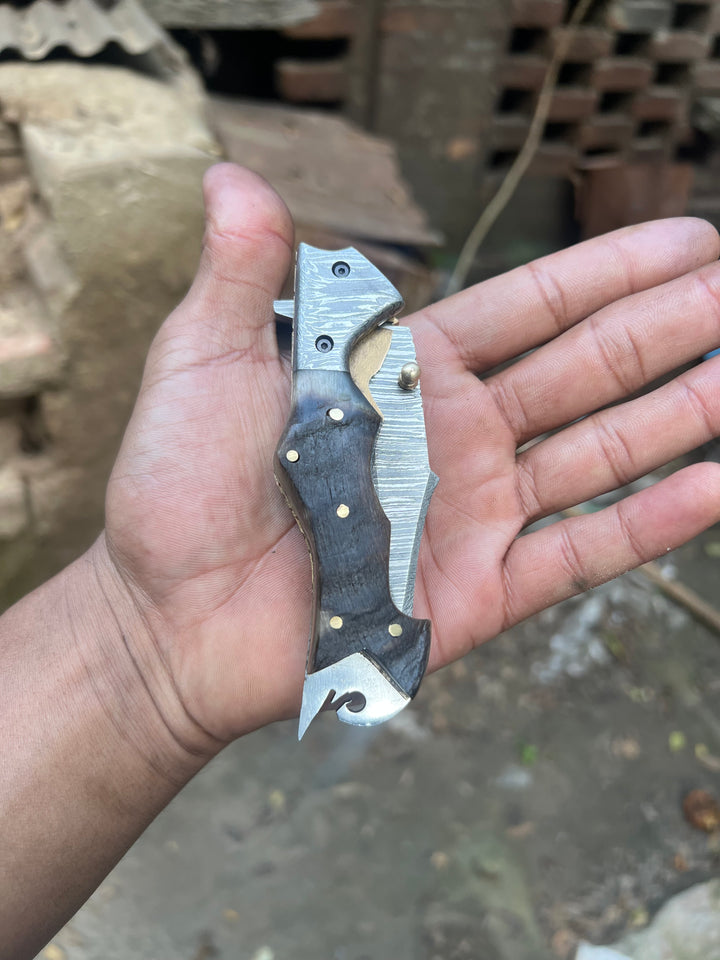 Grithorn Damascus Folder 7" Handmade Horn Handle Lock Back Mechanism