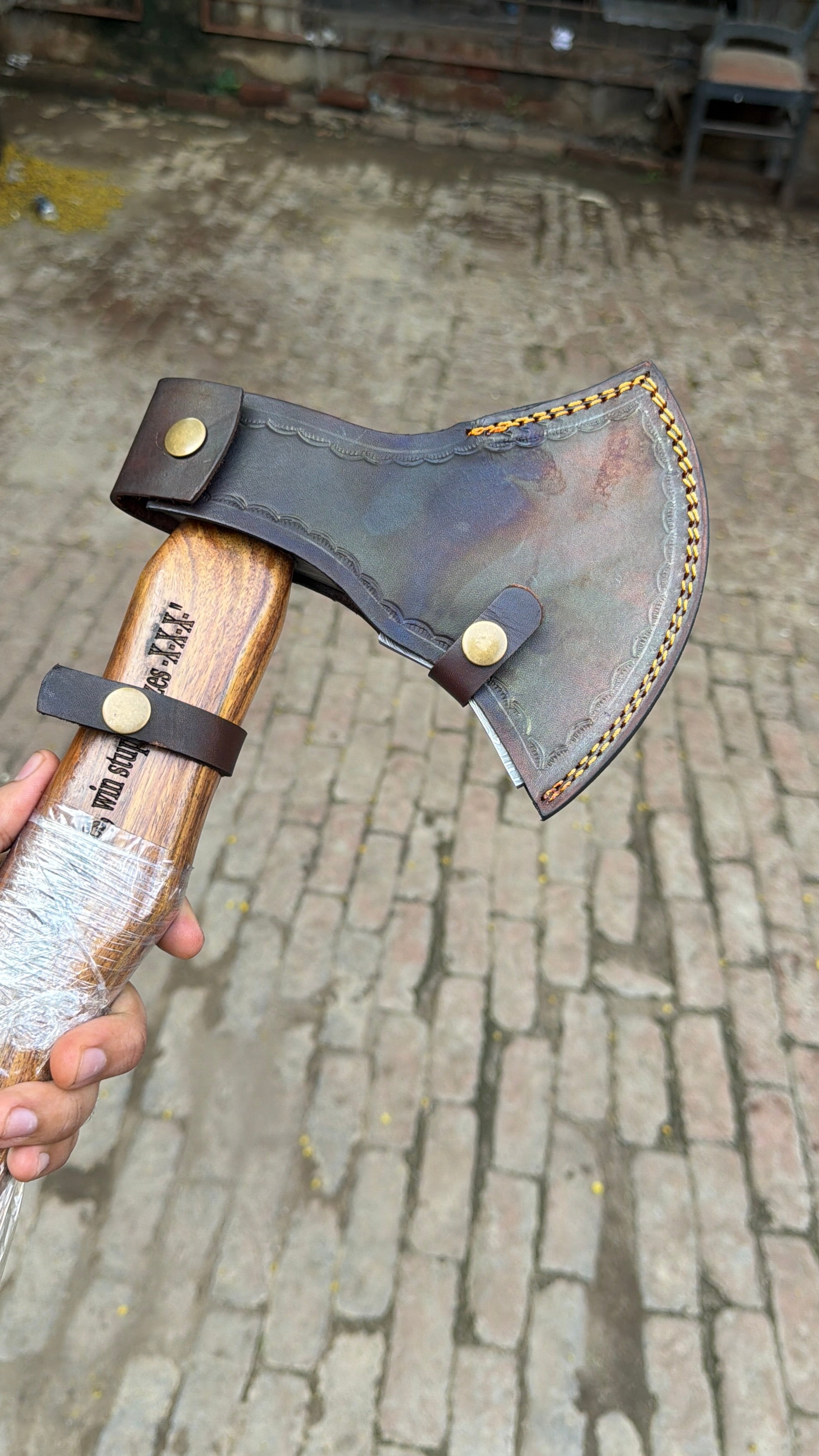 Hand Forged Damascus Bearded Viking Axe with Curved Hardwood