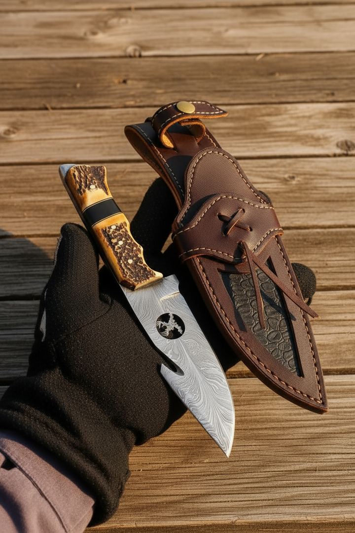 Antlerhook Field Knife 9" Handmade Damascus Natural Stag Horn