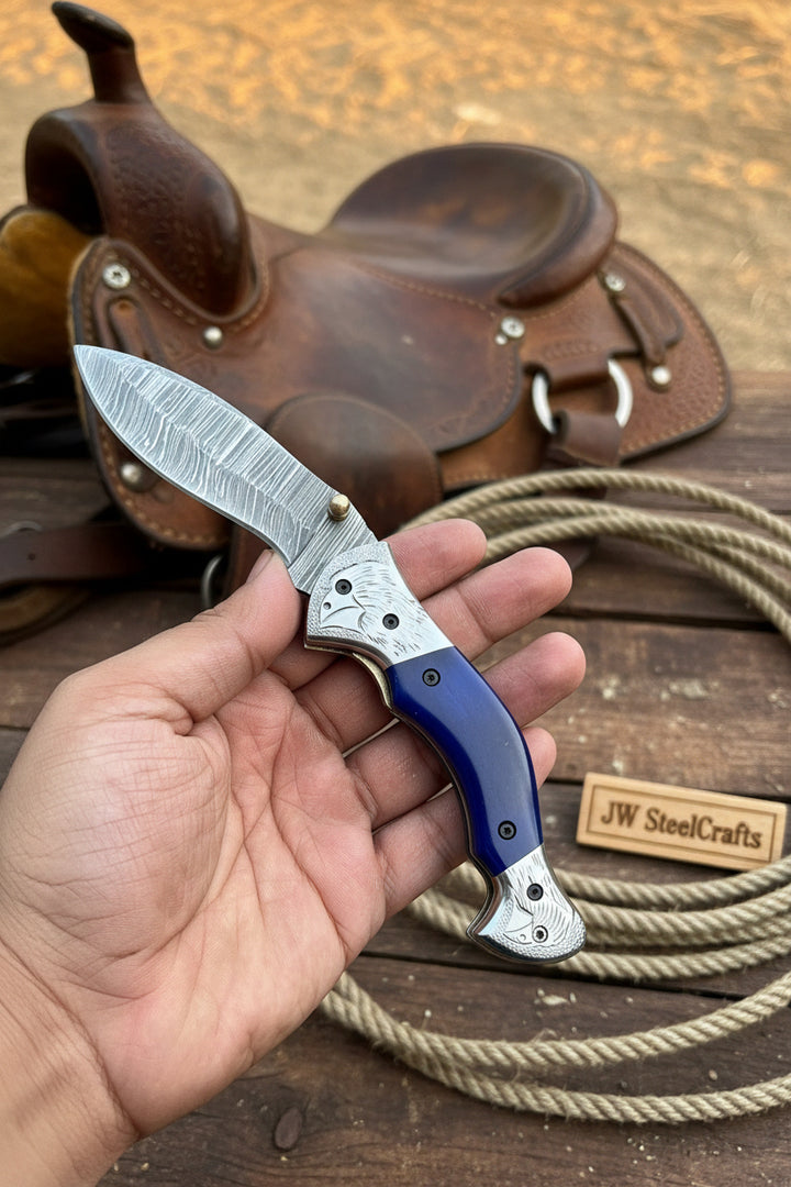 Silverline Ridge Curved Folder Knife 8" Handmade Damascus Steel Resin Handle