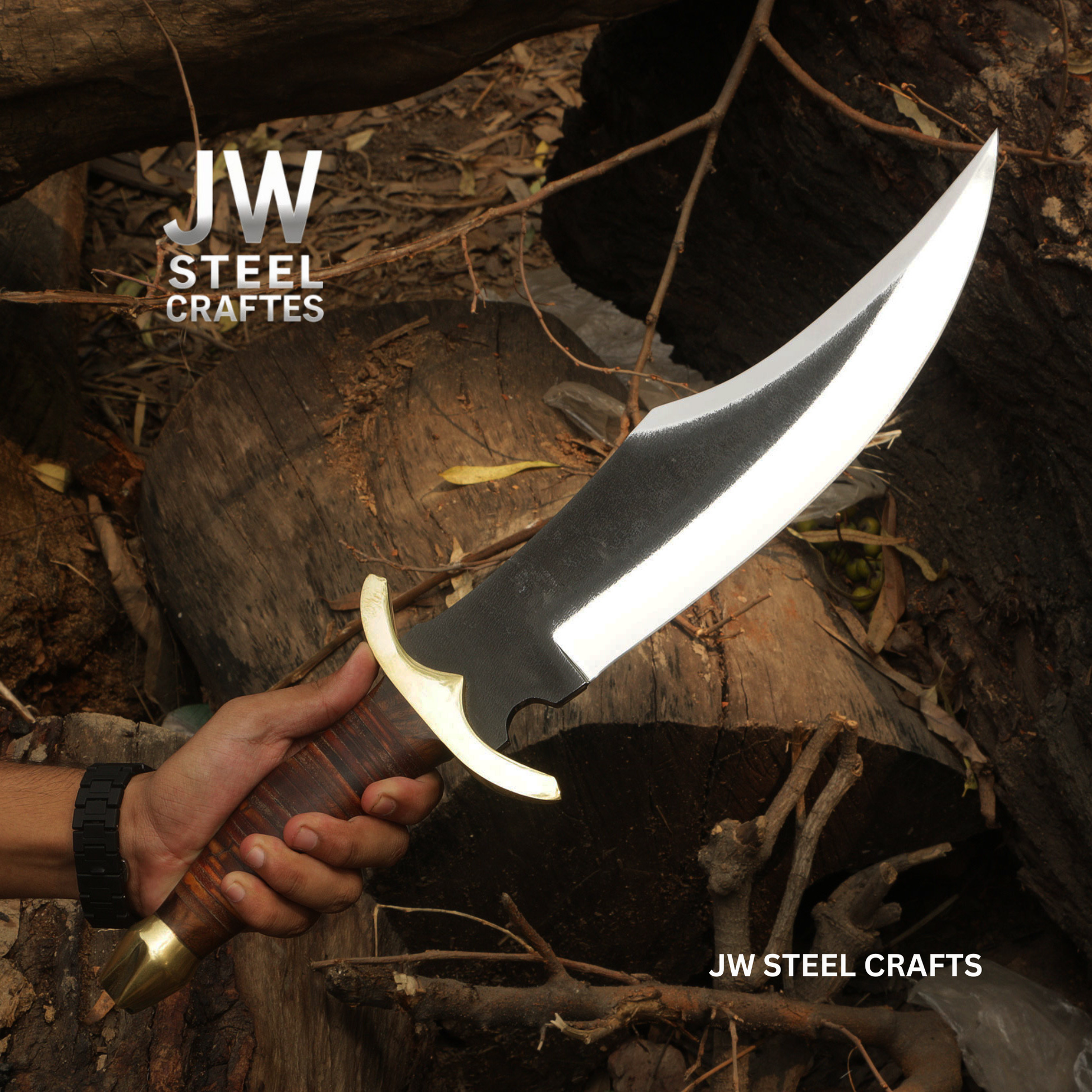 Hand holding a knife with a wooden handle on a natural background, featuring the brand 'JW Steel Crafts'.