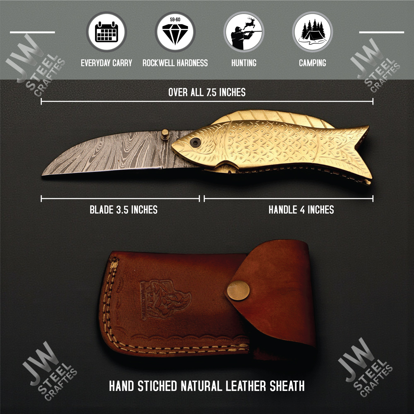 Handmade Fish Folding Knife – Damascus Steel Blade with Unique Handle