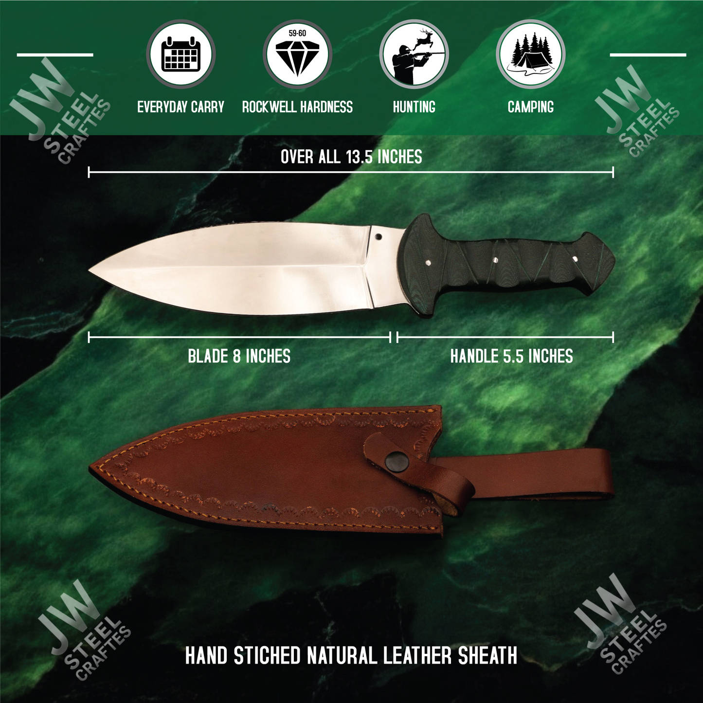 Hand Forged J2 Stainless Steel Dagger Knife with Micarta Handle | 13.5" Hunting Knife with Leather Sheath for Camping & EDC