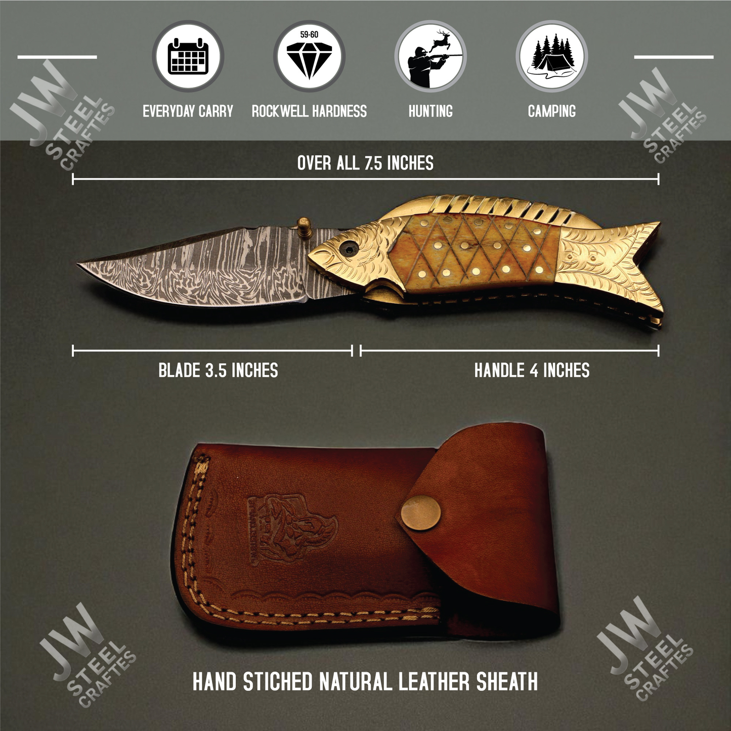 Handmade Fish Folding Knife – Damascus Steel Blade with Unique Handle