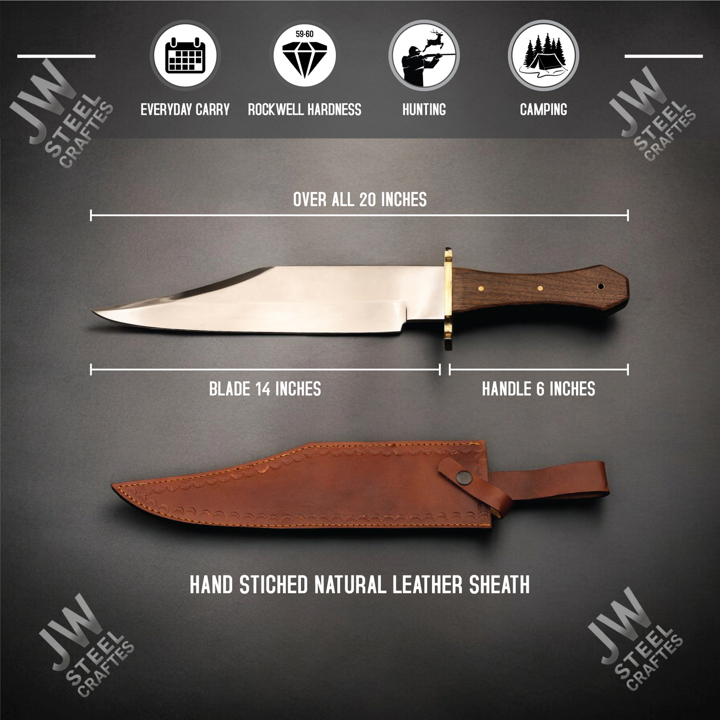 Hand Forged High Carbon Steel Bowie Knife with Rosewood Handle & Leather Sheath – 20" Hunting, Camping, Survival Knife