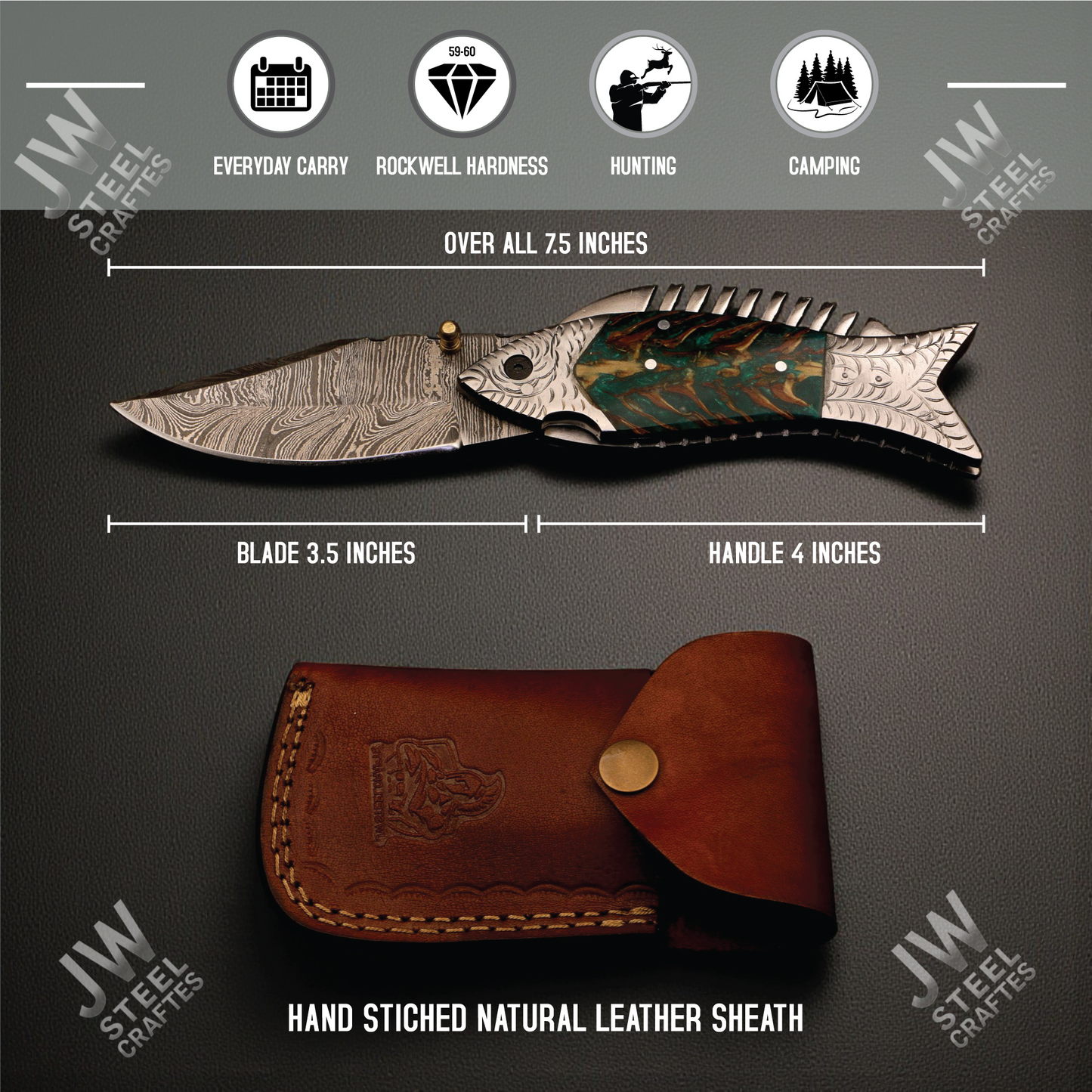 Handmade Fish Folding Knife – Damascus Steel Blade with Unique Handle