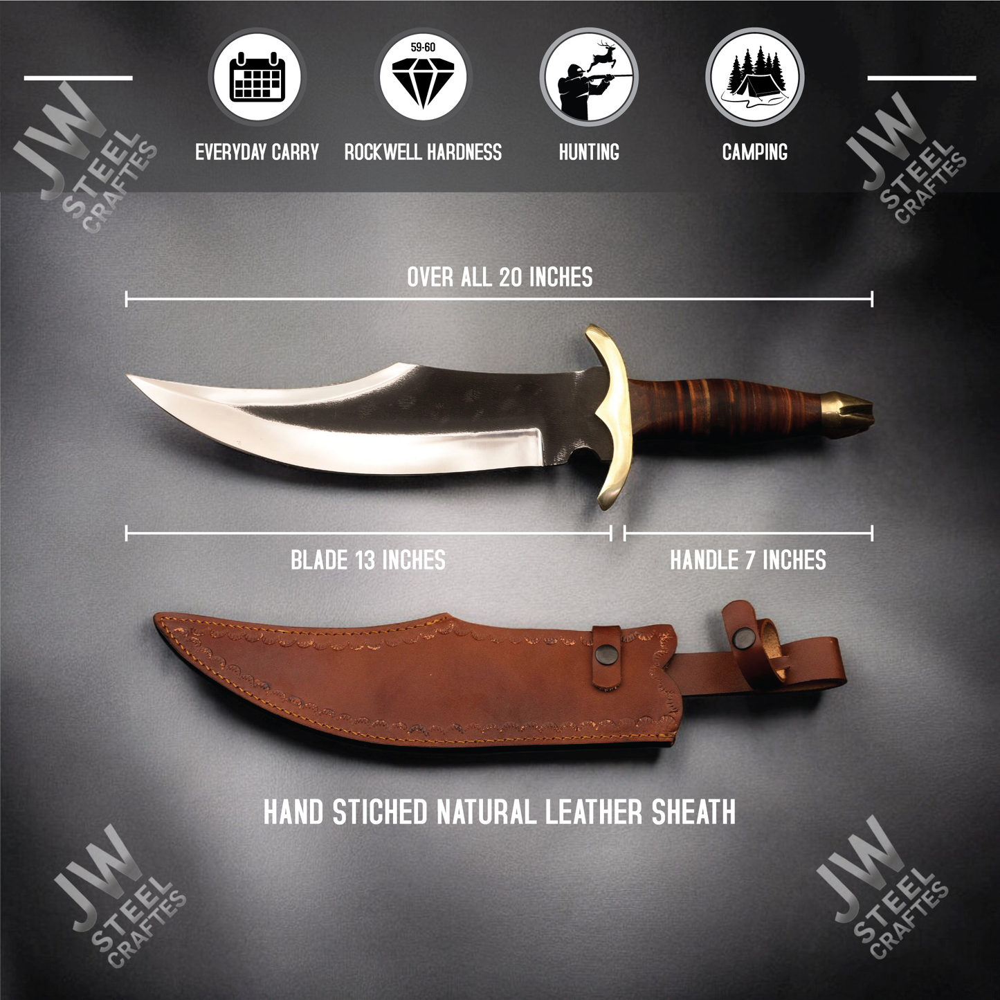 Hand Forged High Carbon Steel Bowie Knife with Leather Handle, Brass Guard & Sheath – Hunting, Camping, Collectors Knife