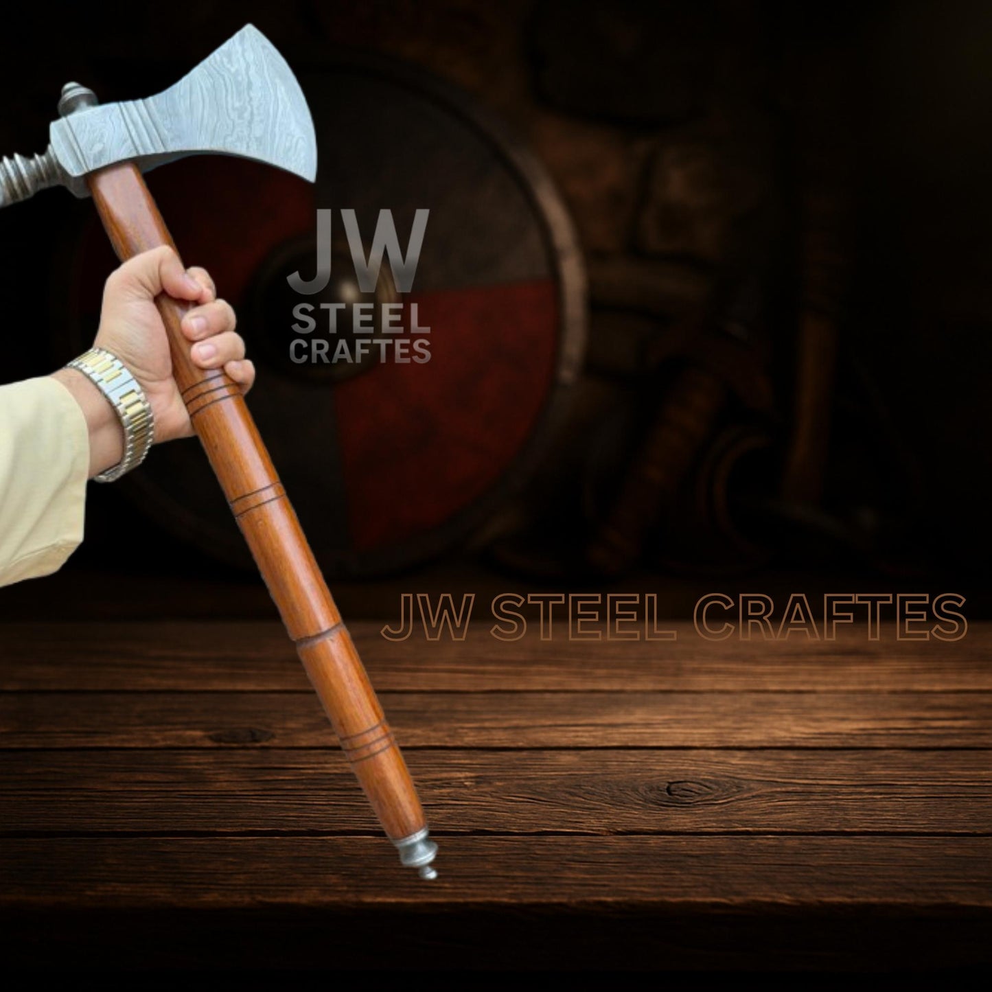 Hand-Forged Damascus Viking Axe – Steel Blade with Polished Wood Handle