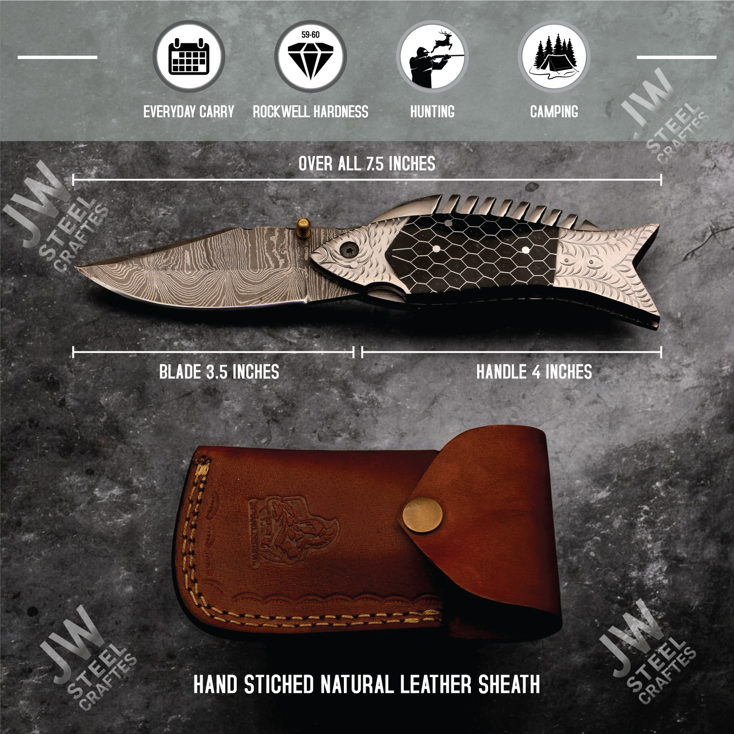 Hand-Forged Damascus Steel Folding Knife – Fish Design Pocket Knife with Resin Handle & Leather Sheath | Unique Collectible Gift for Him