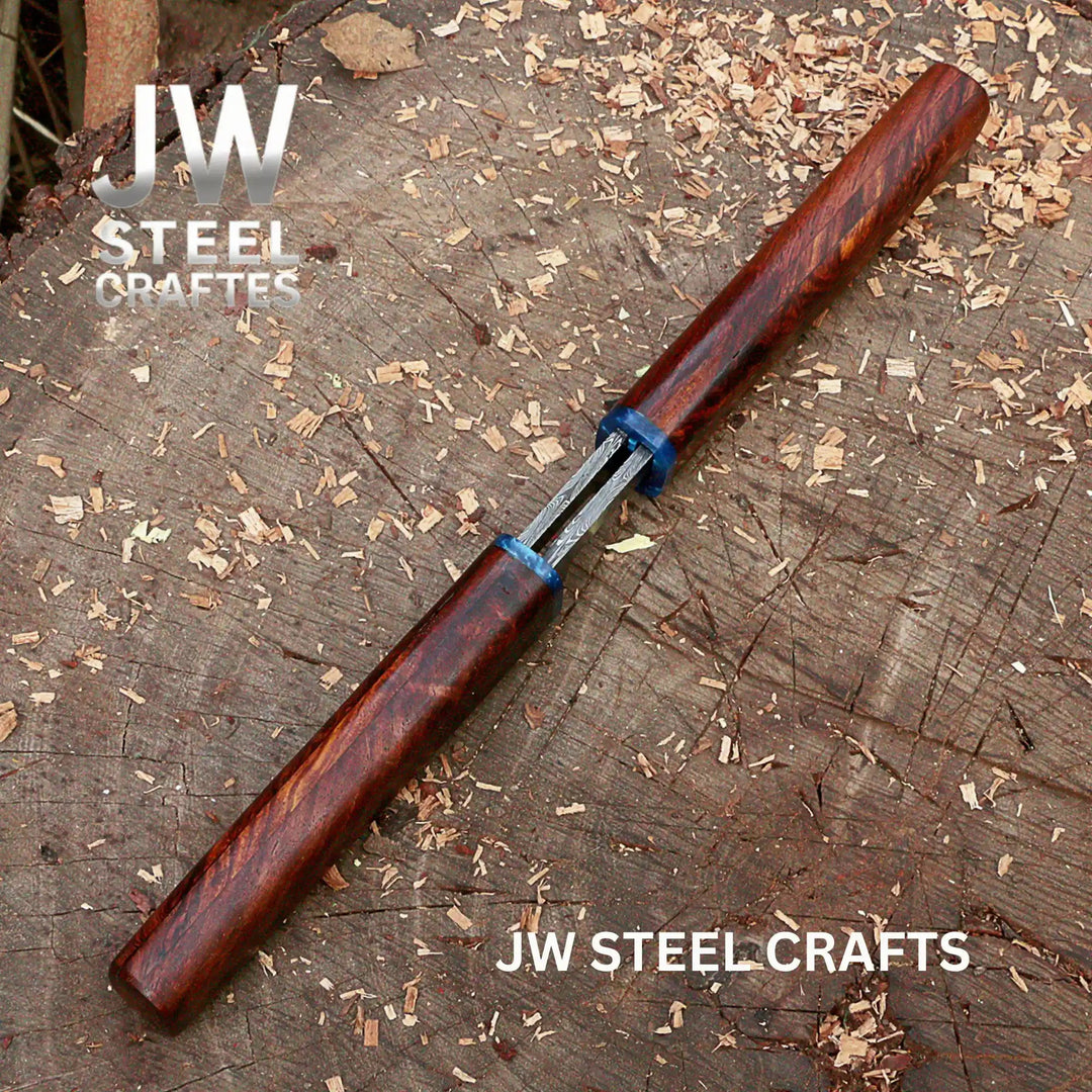 3 - Piece Handmade Knife Set — 5 - Inch Damascus Utility Blades with Rosewood Handles &amp; Interlocking Scabbard handmade Skinner Knife by JW SteelCrafts