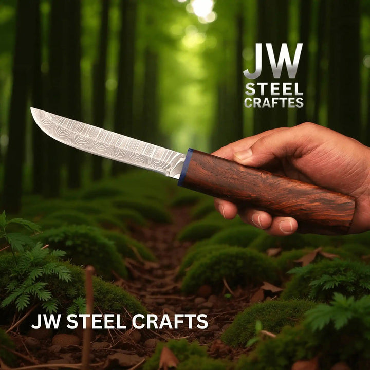 3 - Piece Handmade Knife Set — 5 - Inch Damascus Utility Blades with Rosewood Handles &amp; Interlocking Scabbard handmade Skinner Knife by JW SteelCrafts