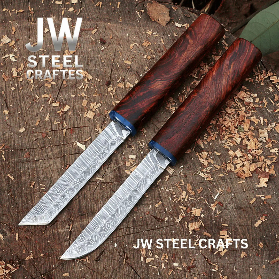 3 - Piece Handmade Knife Set — 5 - Inch Damascus Utility Blades with Rosewood Handles &amp; Interlocking Scabbard handmade Skinner Knife by JW SteelCrafts