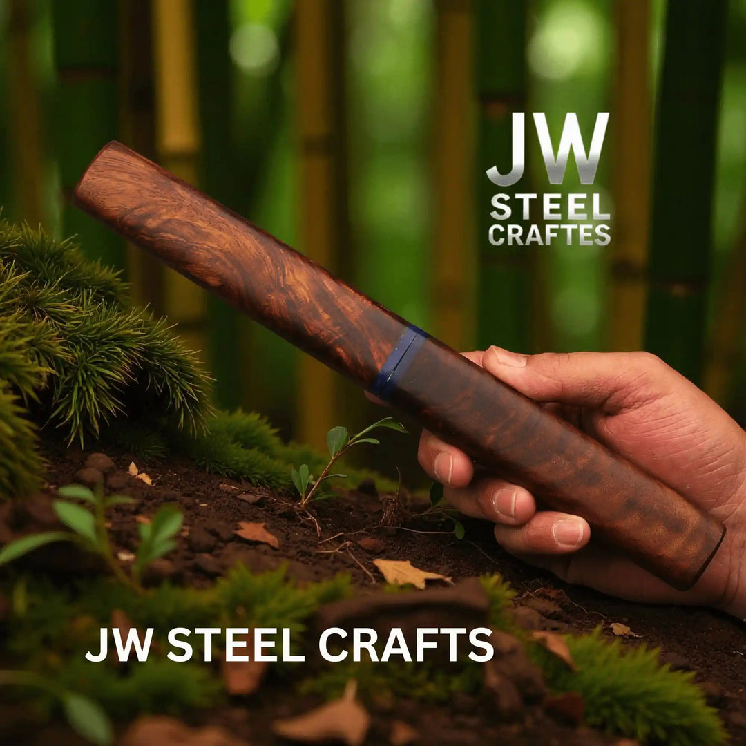 3 - Piece Handmade Knife Set — 5 - Inch Damascus Utility Blades with Rosewood Handles &amp; Interlocking Scabbard handmade Skinner Knife by JW SteelCrafts