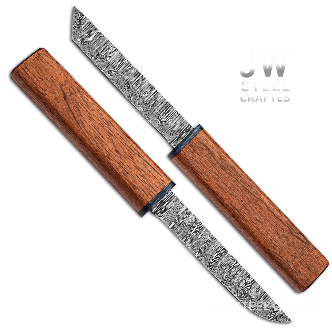 3 - Piece Handmade Knife Set — 5 - Inch Damascus Utility Blades with Rosewood Handles &amp; Interlocking Scabbard handmade Skinner Knife by JW SteelCrafts