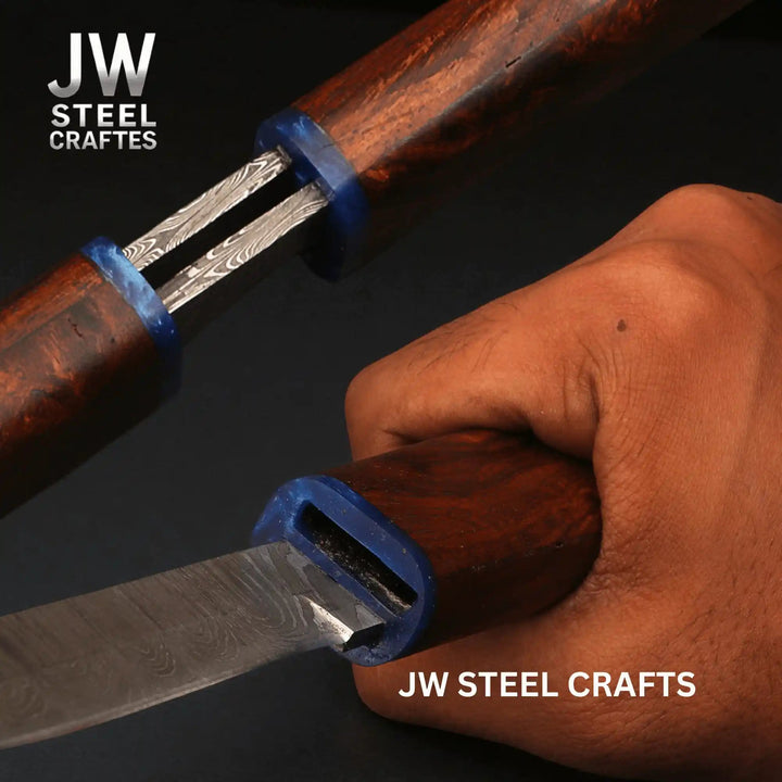 3 - Piece Handmade Knife Set — 5 - Inch Damascus Utility Blades with Rosewood Handles &amp; Interlocking Scabbard handmade Skinner Knife by JW SteelCrafts