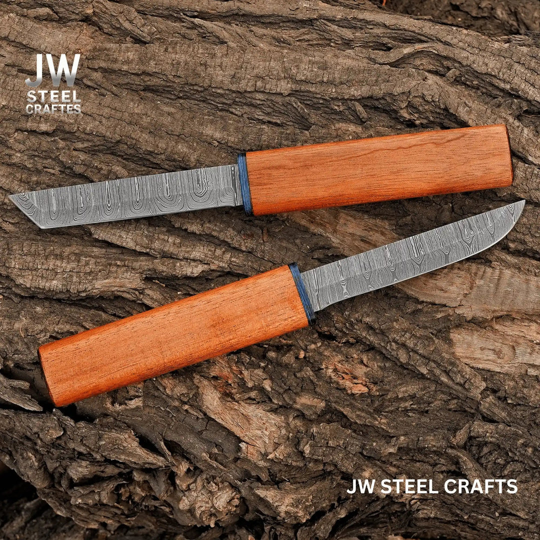 3 - Piece Handmade Knife Set — 5 - Inch Damascus Utility Blades with Rosewood Handles &amp; Interlocking Scabbard handmade Skinner Knife by JW SteelCrafts