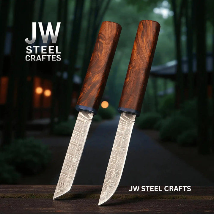 3 - Piece Handmade Knife Set — 5 - Inch Damascus Utility Blades with Rosewood Handles &amp; Interlocking Scabbard handmade Skinner Knife by JW SteelCrafts