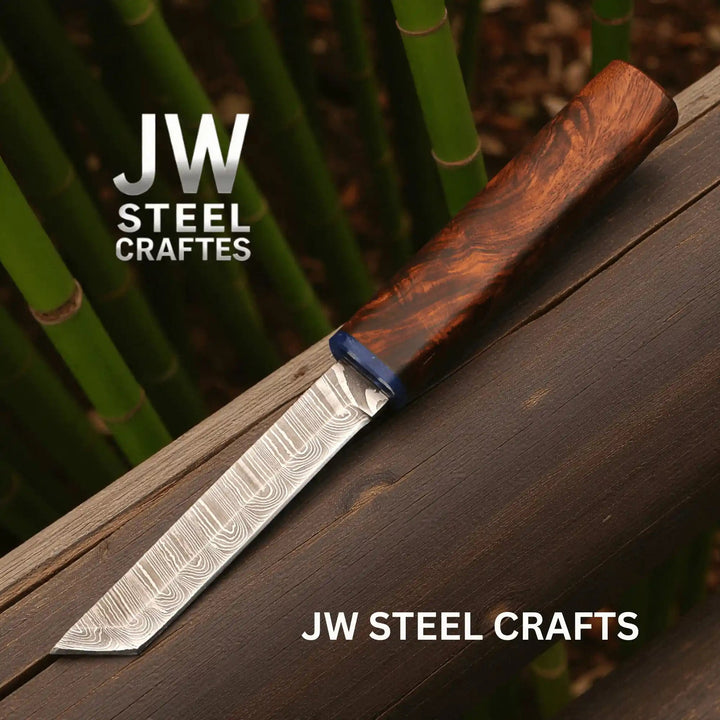 3 - Piece Handmade Knife Set — 5 - Inch Damascus Utility Blades with Rosewood Handles &amp; Interlocking Scabbard handmade Skinner Knife by JW SteelCrafts
